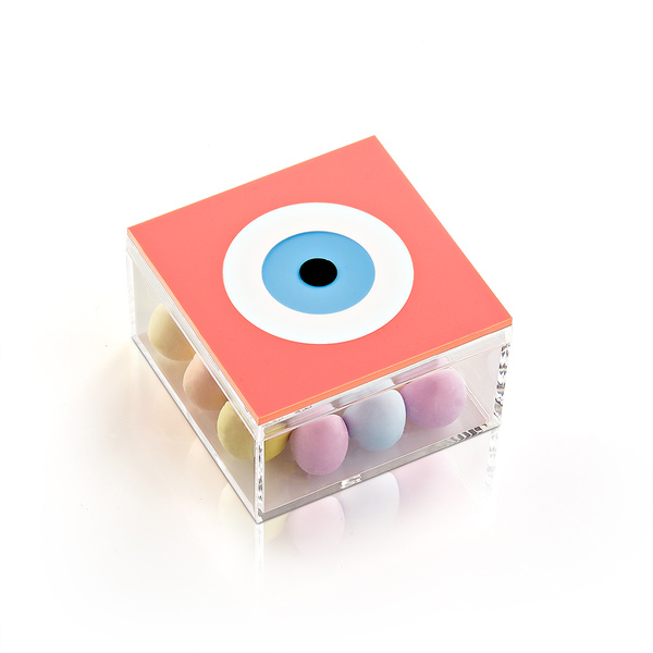 Μπομπονιέρα κουτί πλέξι ροζ σκούρο με γαλάζιο μάτι